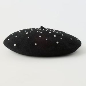 NWT Zara 100% Wool Beret With Faux Pearls Hat Black Size 10 - 14 S